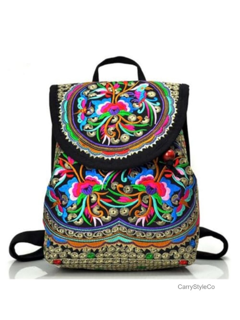 Floral Embroidered Canvas Mini Backpack Purse Adjustable Straps Travel